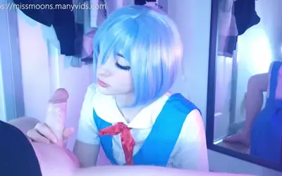Rei Ayanami first time, fucks rough with her big oiled ass, makes step dad cum loads over cute face